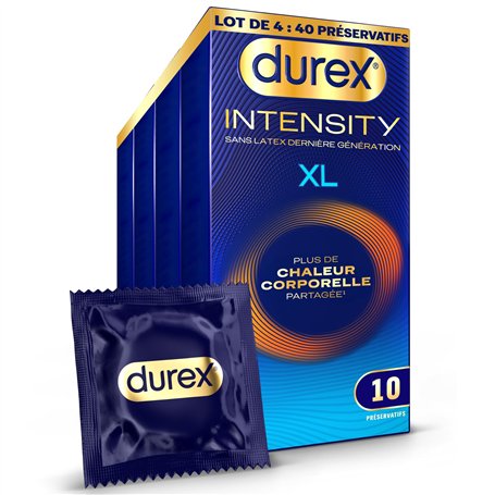 Durex Intensity - 40 preservatifs Homme XL Sans Latex Ultra Fins Ultra Lubrifiés - Plus de Chaleur Corporelle Partagée* - Taille