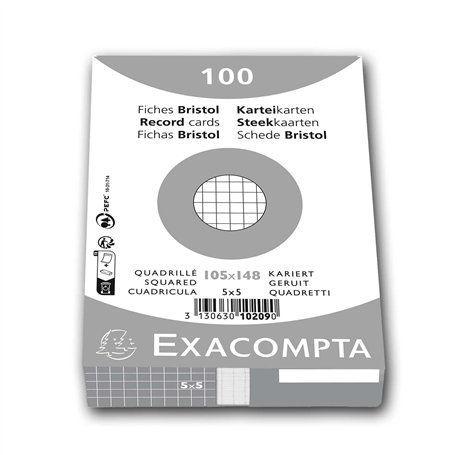 Exacompta - Réf. 10209E - Paquet de 100 fiches bristol quadrillées 5x5 non perforées - sous film - compatibles avec imprimante j