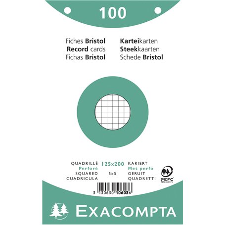 Exacompta - Réf. 10603E - Paquet de 100 fiches bristol quadrillées 5x5 perforées - sous film - compatibles avec imprimante jet d