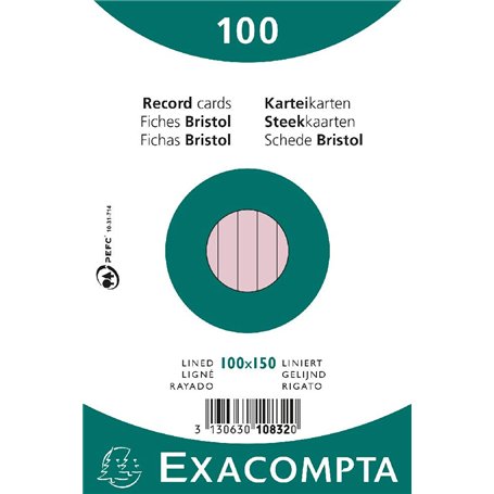 Exacompta - Réf. 10832X - Paquet de 100 fiches bristol lignées non perforées - sous film - compatibles avec imprimante jet d'enc