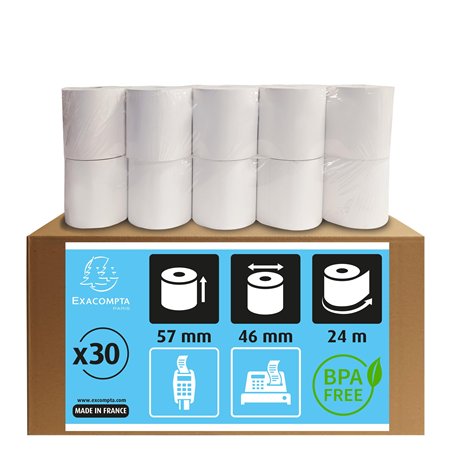 Exacompta - Réf. 40915E - Carton de 30 bobines pour tickets de carte bancaire - largeur 57 mm x diamètre 46 mm - mandrin 12 mm -
