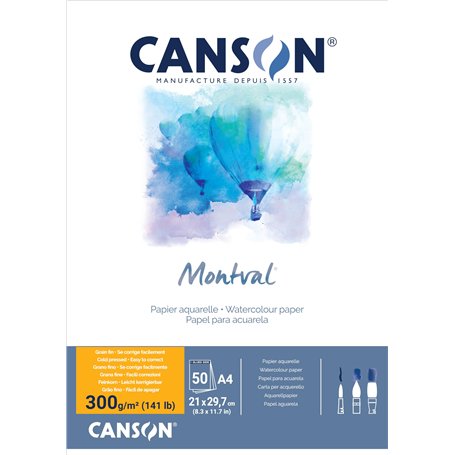 Canson Montval Lot de 50 feuilles de papier aquarelle grain fin 300 g/m² Blanc Format A4 21 x 29