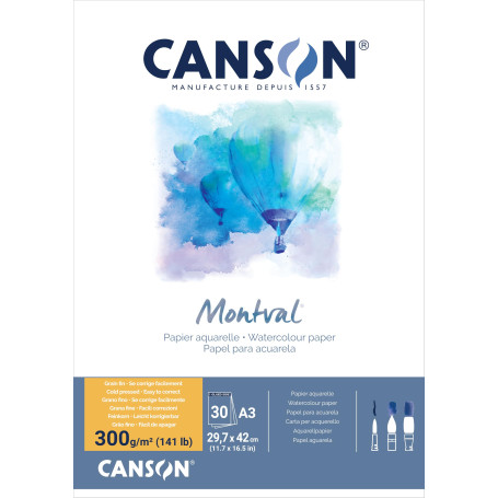 Canson Montval Lot de 30 feuilles de papier aquarelle grain fin 300 g/m² Blanc Format A3 29