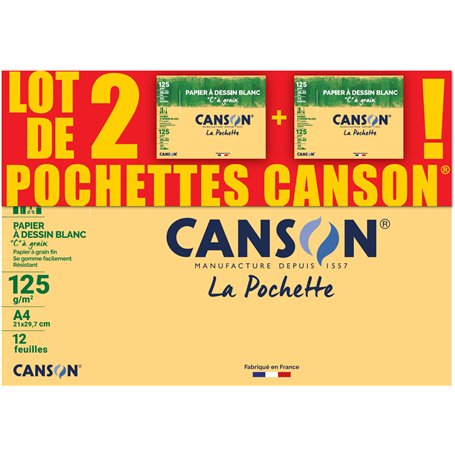 CANSON C à Grain - Lot 2 pochettes 12 feuilles de papier dessin blanc 24x32 125g/m²