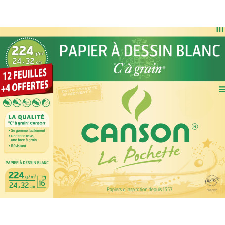 Canson Pochette Papier à dessin C à grain 12 feuilles + 4 offertes 224g 24 x 32 cm Blanc