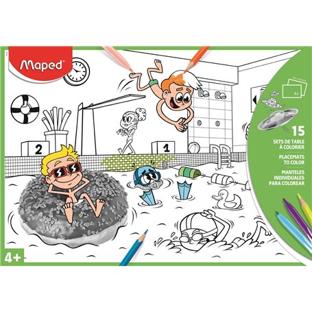 Maped - 15 Sets de Table en Papier à Colorier - Format A3 (29 x 42 cm) - Coloriage Photo - Pochette réutilisable de 15 Illustrat