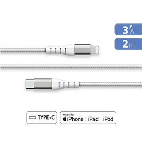 Câble Renforcé USB C / Lightning 3A 2m PD 60W Blanc + Garantie à vie Force Power Lite