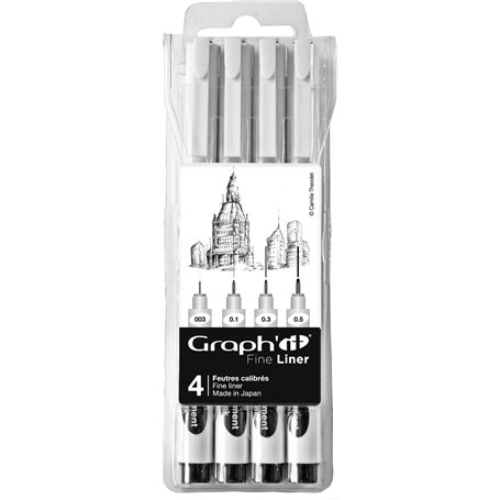 GRAPH'IT Fine Liner pochette de 4 feutres à pointes calibrées encre pigmentée à base d’eau résistante à la lumière et au gommage