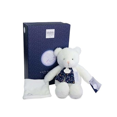 DOUDOU ET COMPAGNIE – CLAIR DE LUNE – Ours Doudou Pantin 28 cm – Peluche Blanche Ultra Douce – Brille dans le Noir – Idée Cadeau