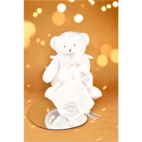 DOUDOU ET COMPAGNIE - Pantin OURS BLANC 25 ANS avec Mouchoir Doux - Peluche doudou naissance en coton gaze - Idée Cadeau Bébé Fi