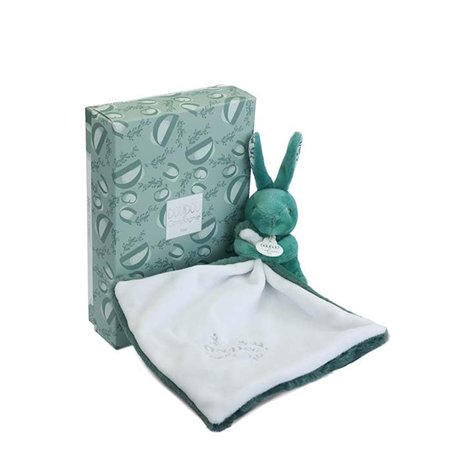 DOUDOU ET COMPAGNIE – Lapin avec Doudou Vert Sauge – Peluche Bébé Ultra Douce – Motif Fleuri – Cadeau Naissance Mixte – Lavable