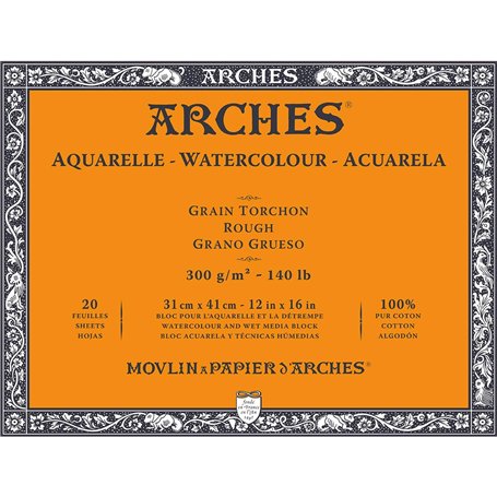 ARCHES Aquarelle - Bloc 20 feuilles 31x41 collé 4 côtés - 300g/m² - grain torchon