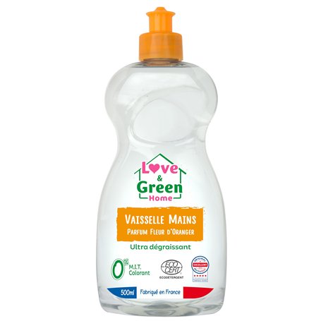 Love & Green Home Liquide Vaisselle mains écologique certifié Dermatest et Ecodétergent par Ecocert. Ultra-dégraissant parfum fl