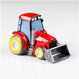 Magnifique grande tirelire en forme de tracteur rouge avec pelle à fermeture rotative