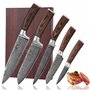 Wakoli Edib Set de 5 couteaux en Damas I Lames en acier damassé à 67 couches avec noyau VG10 et manches en bois de pakka I Coute