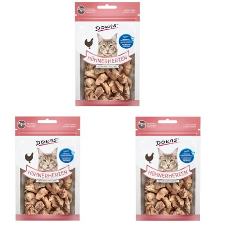 Dokas Coeurs de Poulet lyophilisés | Pack de 3 | 3 x 15 g | Friandise pour Chats | Grâce à la lyophilisation Douce