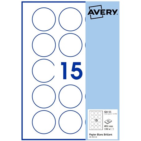 AVERY - 150 étiquettes Jet d'encre blanches brillant 51mm Rondes