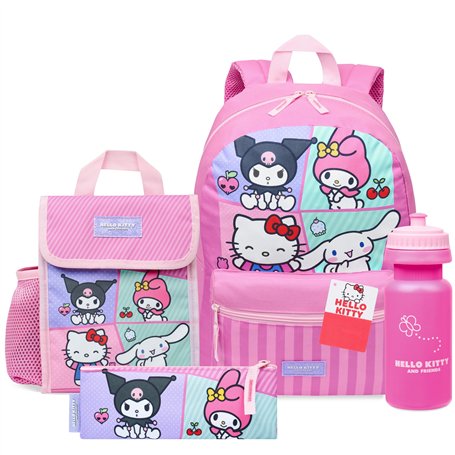 Hello Kitty Sanrio Sac à Dos Fille Kit Scolaire 4 Pièces Trousse Kawaii Sac Isotherme Repas Gourde 600ml Kuromi Cinnamoroll