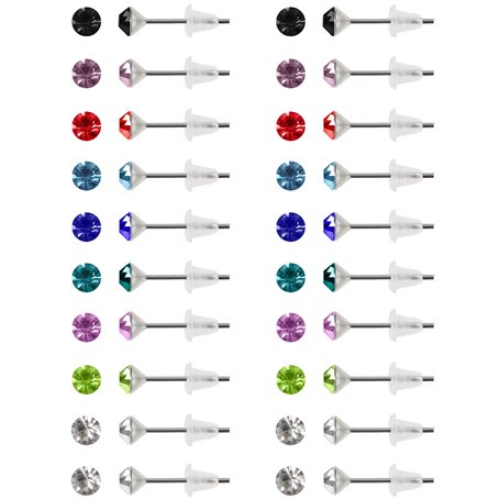 Kurtzy 20 Paires Boucle d’Oreille Clou Rond en Zirconium avec Boîte - 4 mm - 9 Couleurs de Pierres Naissance