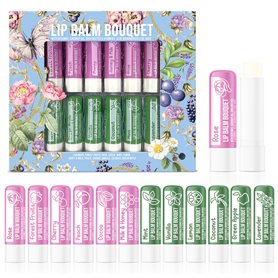 Beauty4Britain Ensemble de 12 Baumes à Lèvres de Luxe Bouquet 12 Parfums Différents Unisexe Protège & Répare Hydrate Enrichi en