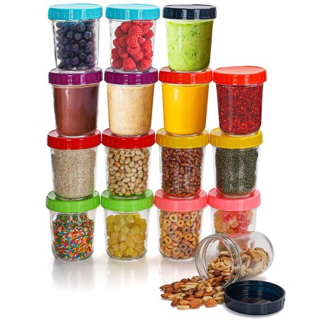 Belle Vous Lot de 16 Pot en Verre avec Couvercle en Plastique – 350ml Petit Pot Verre Rond Transparent Réutilisable et Hermétiqu