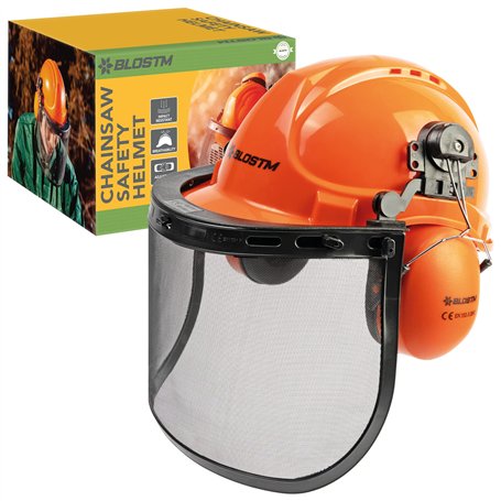 BLOSTM Casque de Sécurité pour Tronçonneuse - 3 en 1 Casque Debroussailleuse Orange avec Visière en Maille d'acier et Cache-Orei