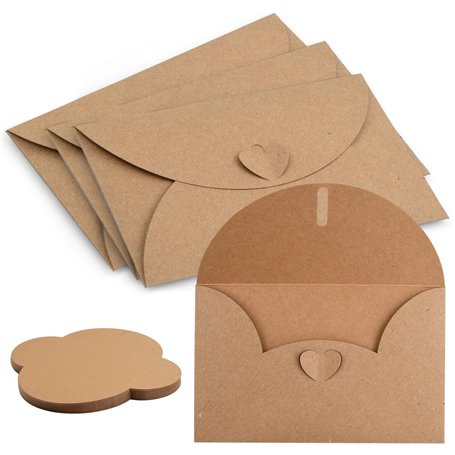 Anseom 50Pcs Enveloppes en Papier Kraft Enveloppe Cadeau Enveloppe de Carte Cadeau avec Coeur Fermoir 17.5X11cm Mini Enveloppe