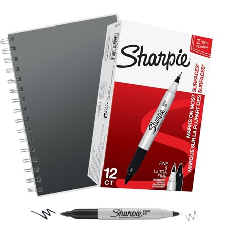 SHARPIE Marqueurs permanents double face | (fin et ultra fin) | Noir | Lot de 12 Market Set + carnet de notes