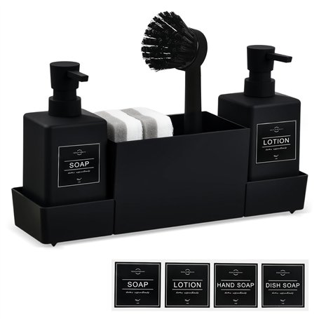 Distributeur Liquide Vaisselle 4 en 1 - Porte Éponge et Brosse avec Organisateur Évier Cuisine Pratique - Distributeur Savon Cui