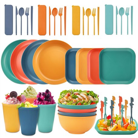 Ensemble de Vaisselle en Plastique Réutilisable pour 4 Personnes