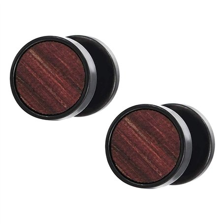 2 Noir Cercle Boucles d'oreilles avec Bois Homme Femme - Bouchon Jauge Faux Cheater Fake Gauges Plugs - Acier 1 Paire 01（-）