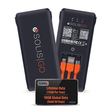 SIMO Solis Go 4G Mobile Hotspot WiFi Power Bank avec câbles intégrés pour voyager dans plus de 140 pays