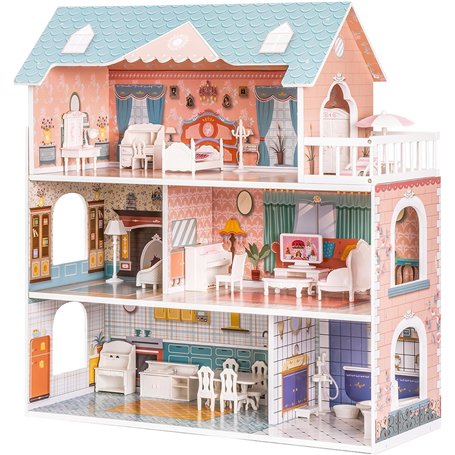 ROBUD Maison de Poupée en Bois avec Meubles et Accessoires Maisons de Filles Playhouse Salle de Jeux Jouets pour Enfants
