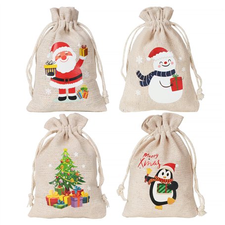 12Pcs Sac Toile Jute Noël Sachet Cadeau avec Cordon Serrage Pochette Cadeau Fête Invité Enfant Bijoux Bonbon 10cm*14cm