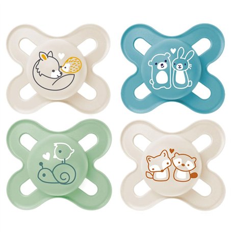 MAM Sucette « Skin Soft » en silicone pour nouveau-nés et prématurés de 0 à 2 mois Lot de 4 sucettes pour garçons avec 2 boîtes