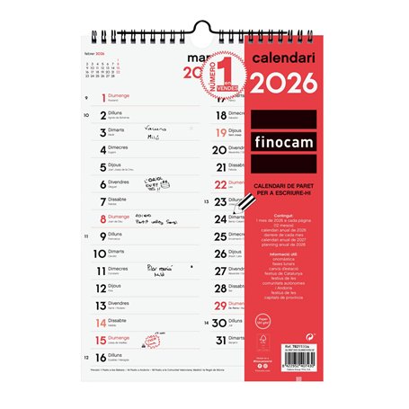 Finocam - Calendrier mural 2026 pour écrire deux colonnes avec vue janvier - décembre 2026 (12 mois) | Calendrier 2026 à noter |