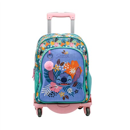 TOYBAGS Sac à Dos Scolaire Stitch Tropical - Double Compartiment - avec Accessoire Pom-Pom - Adaptable + Chariot Rose Protection