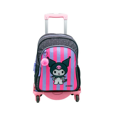 TOYBAGS Sac à Dos Scolaire Kuromi - Double Compartiment - avec Accessoire Pom-Pom - Adaptable + Chariot Rose Protection latérale