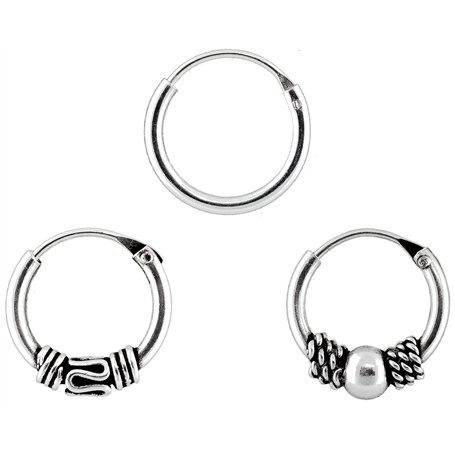 ENTREPLATA Lot 3 Anneaux Argent 925 – Créoles Bali Tribales + Lisse – Fait Main – 10 & 12 mm – Bijou Unisexe Certifié – Style Et