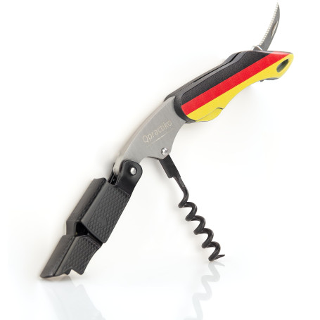 Qpractiko - Tire-Bouchon Manuel à Deux Temps | Spirale en Téflon | Coupe-Capsule Intégré | Design Drapeau Allemagne | Acier Inox