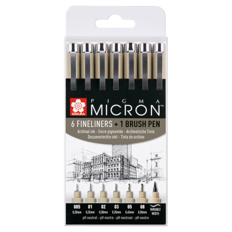 SAKURA Pigma Micron Pointe Callibrée Set de 6 + Brush Pen | Encre permanente résistante à l’eau| Stylos pour l'écriture