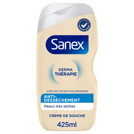 SANEX - Derma Thérapie - Crème de douche peau sèche - Soulage la sécheresse cutanée et réduit les démangeaisons - Préserve la ba