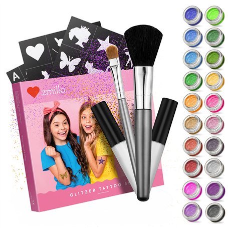 ZMILLA® Lot de tatouages à paillettes bio pour enfants (20 couleurs | 100 pochoirs) pour fille – Tatouages pailletés avec 2 pinc