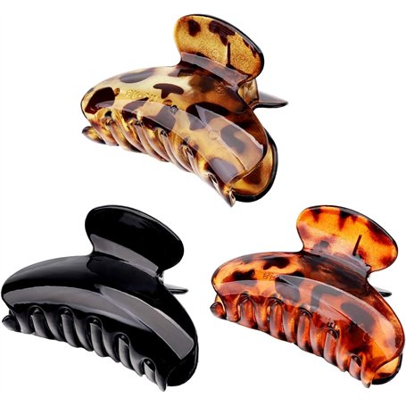 Lot de 3 pinces à cheveux résistantes - Plastique noir et léopard - Barrettes griffes pour femmes 7cmx4cm