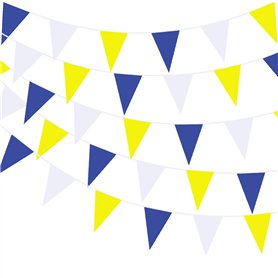 Guirlande de fanions triangulaires en tissu pour remise de diplôme, anniversaire - Jaune, blanc et bleu - 40 m Guirlande de fanions triangulaires en tissu pour remise de diplôme