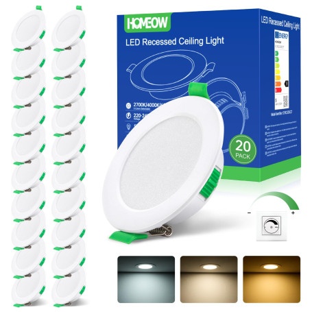 HOMEOW Lot de 20 Spot LED Encastrable Dimmable 5W, Spot LED Encastrable 68mm-78mm Découpe, Blanc Chaud 2700K Blanc Neutre 4000K 