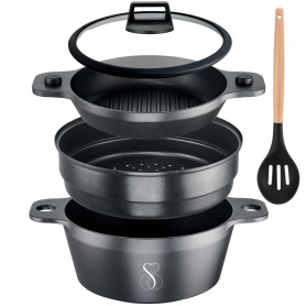 Stone&Stone Set cuisinière à vapeur à induction 24 cm | cuiseur à vapeur de cuisine + grill + cuiseur à vapeur pour aliments à 3