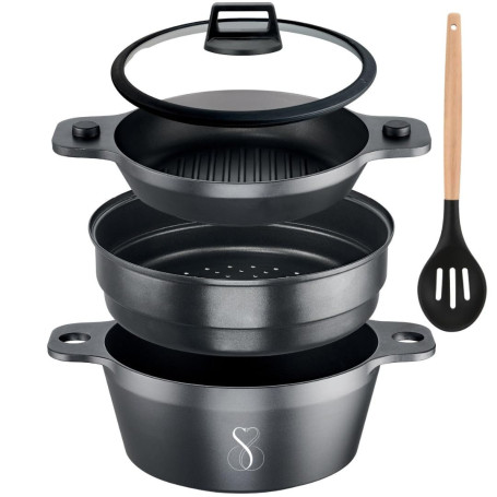 Stone&Stone Set cuisinière à vapeur à induction 24 cm | cuiseur à vapeur de cuisine + grill + cuiseur à vapeur pour aliments à 3
