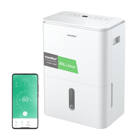 COMFEE' Déshumidificateur 2-EN-1,Elimine l'humidité jusqu'à 20L/Jour, Purification d'air avec ioniseur, 4 Modes, Fonction Air Sw