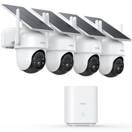 AOSU 2K Camera Surveillance Exterieure sans Fil, 4 Cam-Kit avec Homebase, Zéro Frais, 360° Panoramique PTZ, 3MP WiFi Solaire Cam